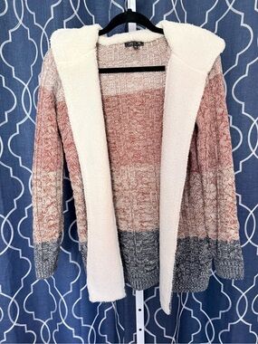 Peach Orange Gray Ombre Hooded Sherpa-Lined Knit Sweater Cardigan Sz XS D22